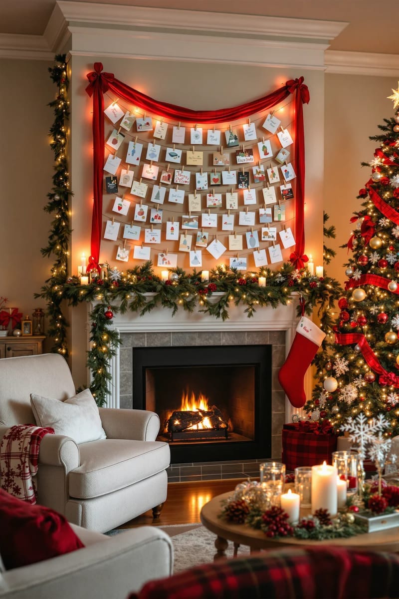 christmas card display using red ribbon and mini clothespins on wall 1