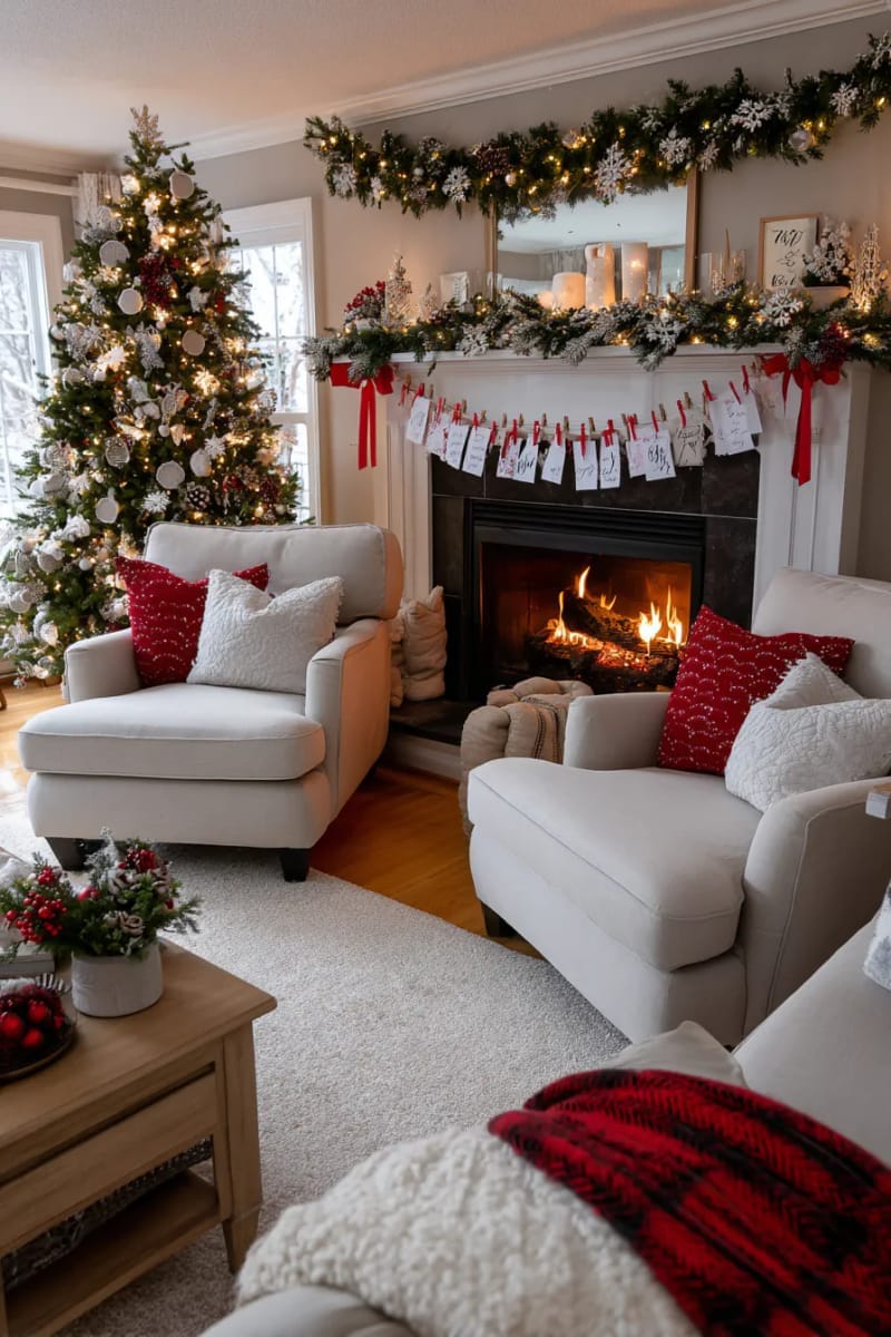christmas card display using red ribbon and mini clothespins on wall 1