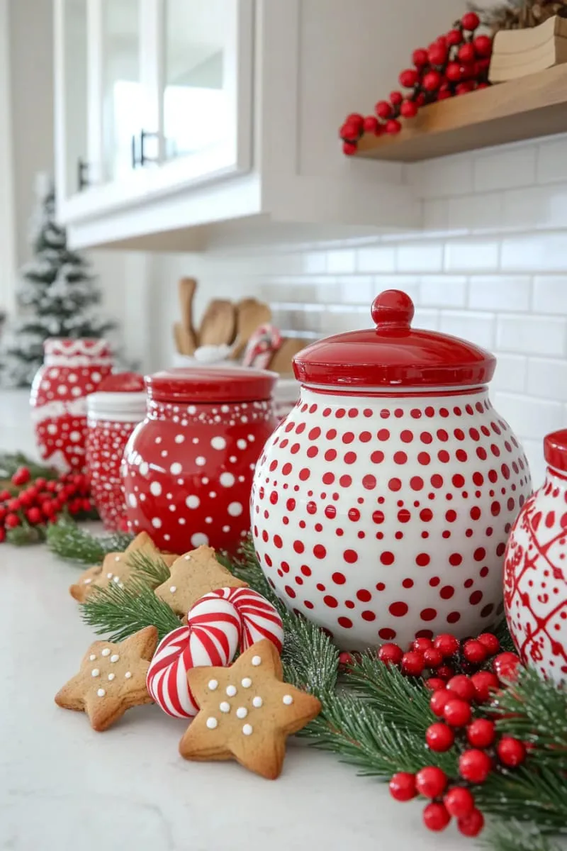 29 Creative Christmas Kitchen Decor Ideas You'll Absolutely Love 28 christmas cookie jar collection in red and white 1