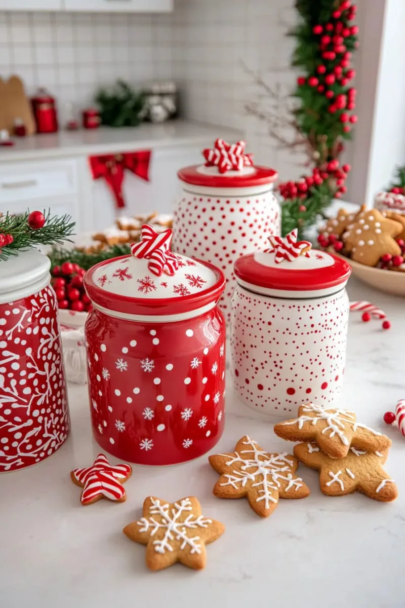 29 Creative Christmas Kitchen Decor Ideas You'll Absolutely Love 29 christmas cookie jar collection in red and white 1