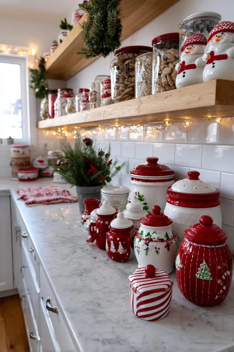 29 Creative Christmas Kitchen Decor Ideas You'll Absolutely Love 30 christmas cookie jar collection in red and white 1