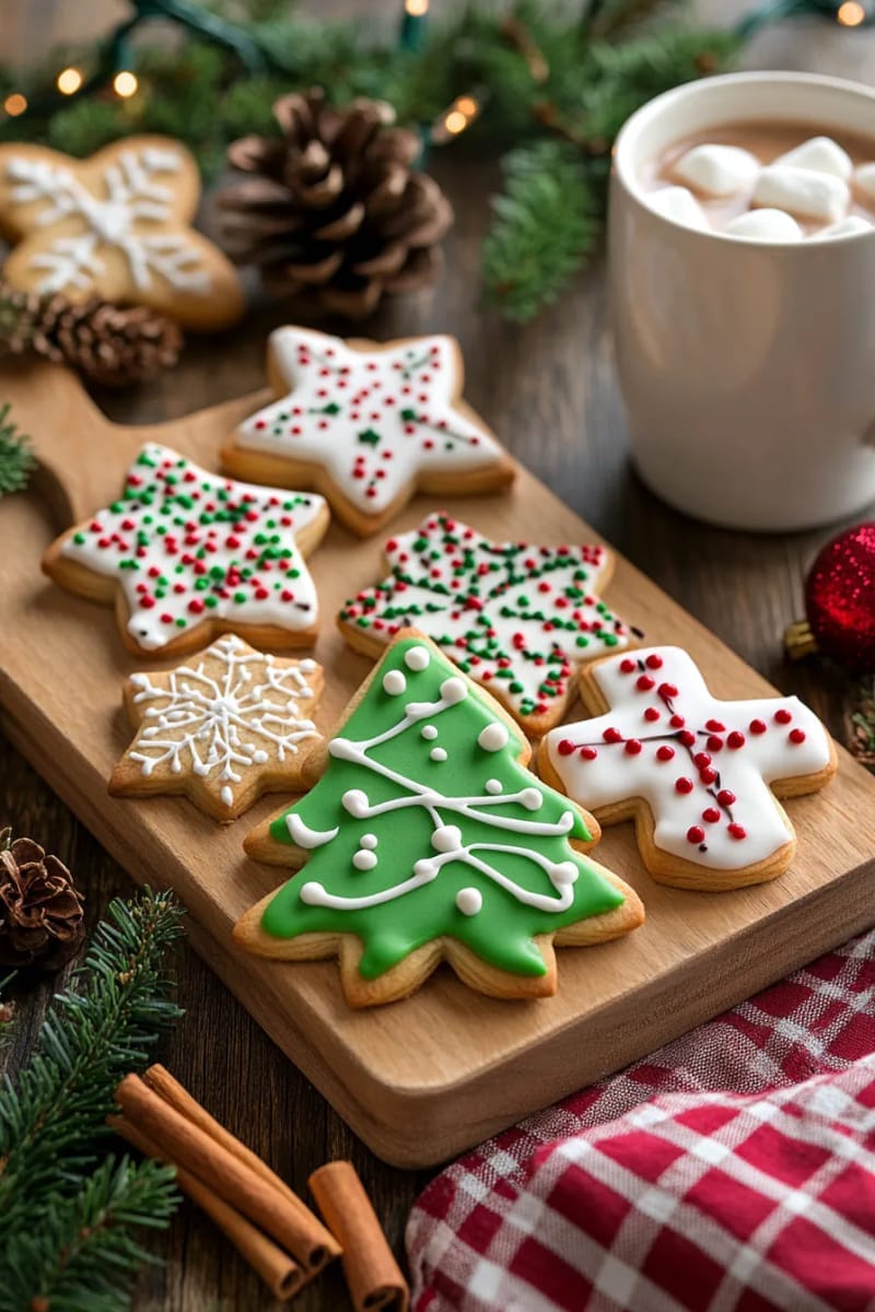 christmas cookies arranged on wooden boards with cinnamon sticks and holly sprigs 1