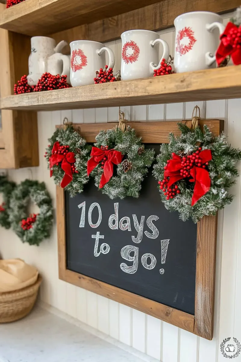 29 Creative Christmas Kitchen Decor Ideas You'll Absolutely Love 38 christmas countdown chalkboard surrounded by mini wreaths 1
