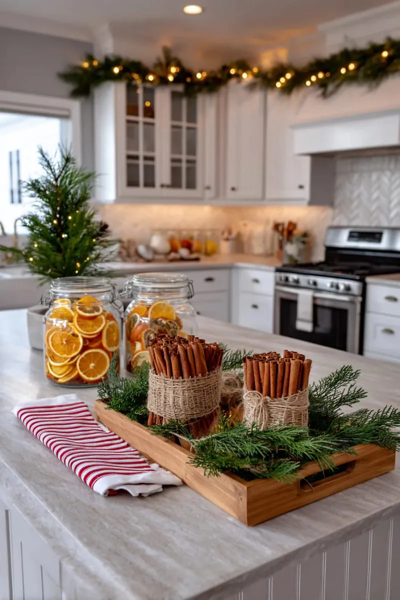 christmas island centerpiece with citrus slices, cinnamon sticks, and pine needles 1