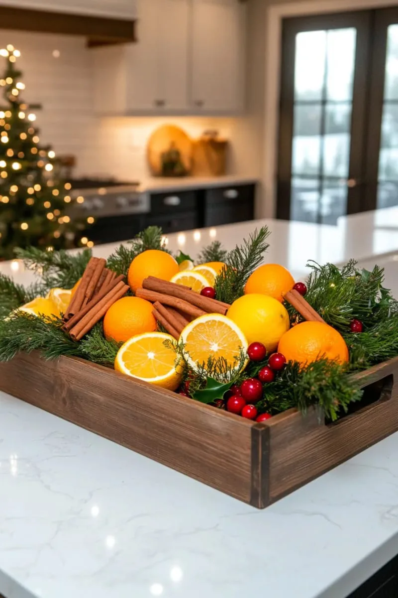 christmas island centerpiece with citrus slices, cinnamon sticks, and pine needles 1