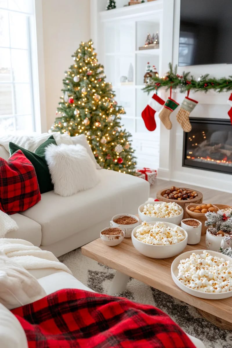 christmas movie marathon night with popcorn, fairy lights, and plaid blankets 1