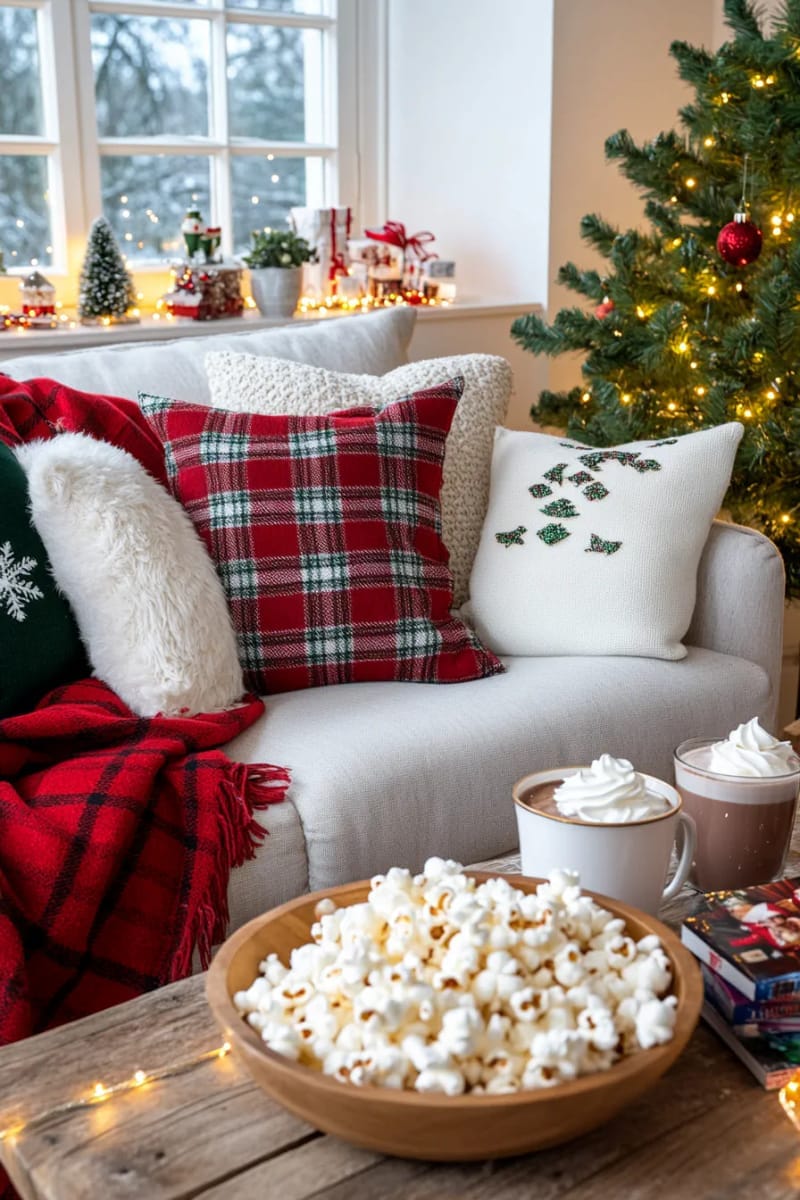 christmas movie marathon night with popcorn, fairy lights, and plaid blankets 1