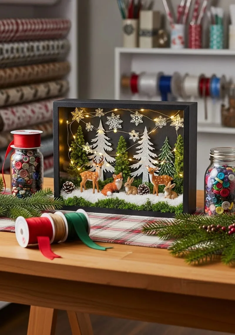 christmas shadow box with woodland creatures and twinkling fairy lights 1