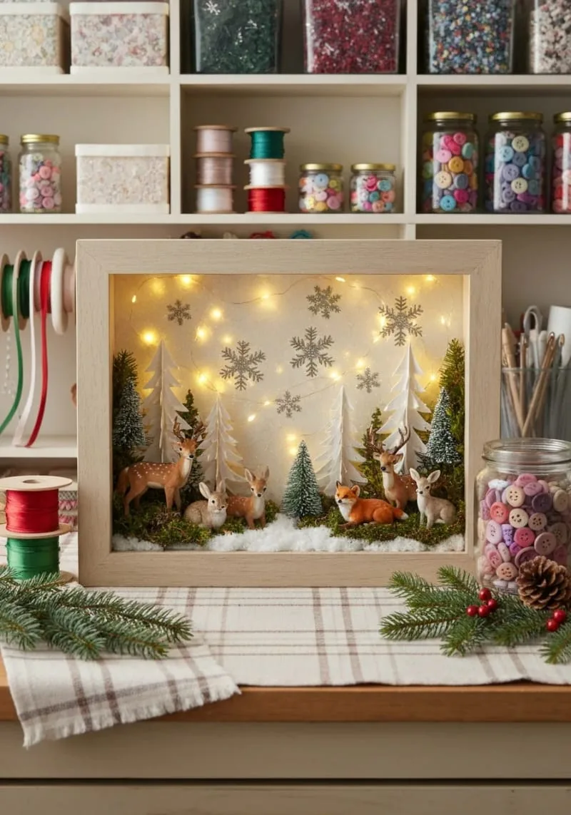 christmas shadow box with woodland creatures and twinkling fairy lights 1