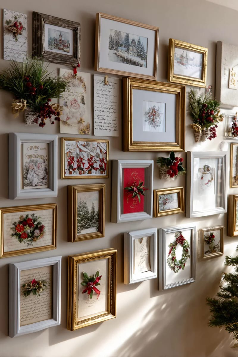 christmas-themed gallery wall of framed holiday cards and vintage prints 1