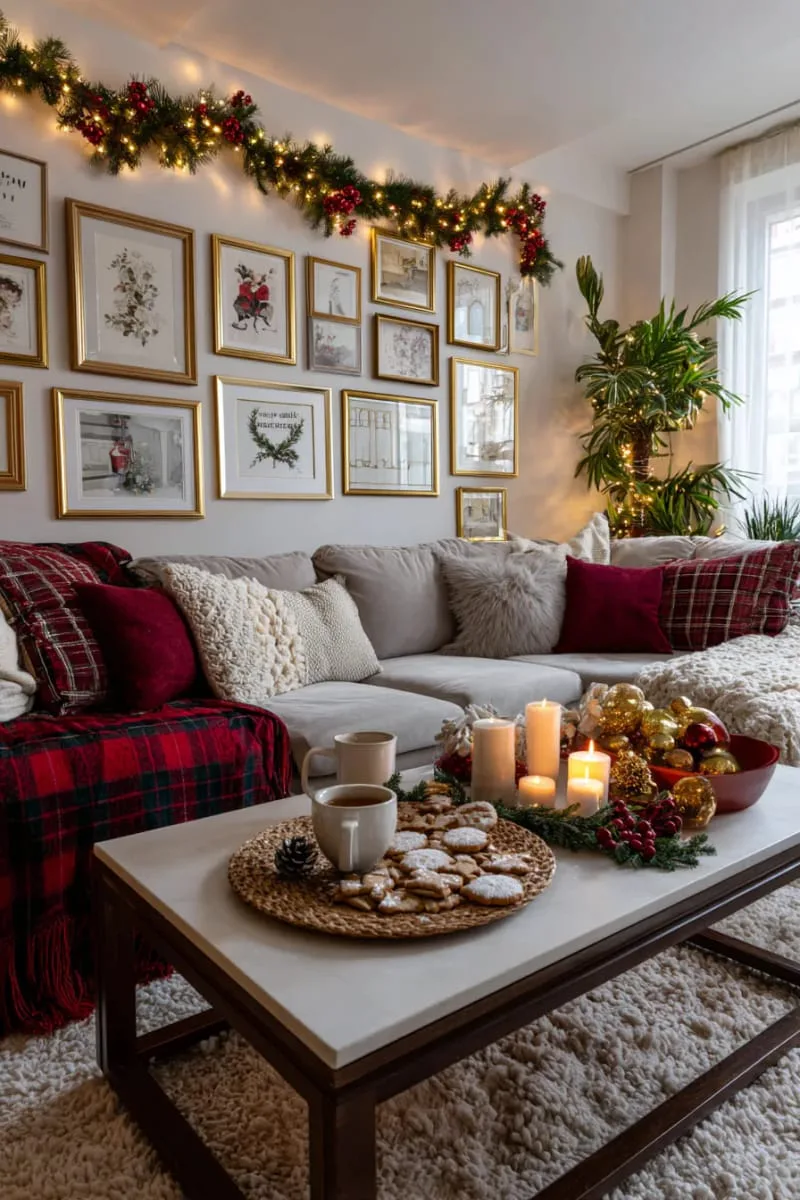 christmas-themed gallery wall of framed holiday cards and vintage prints 1