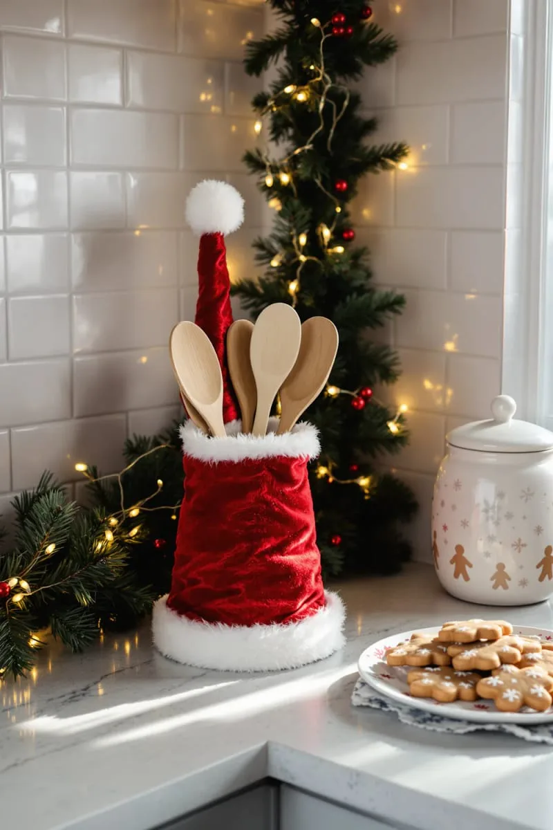 29 Creative Christmas Kitchen Decor Ideas You'll Absolutely Love 70 christmas-themed utensil holders shaped like santa hats 1