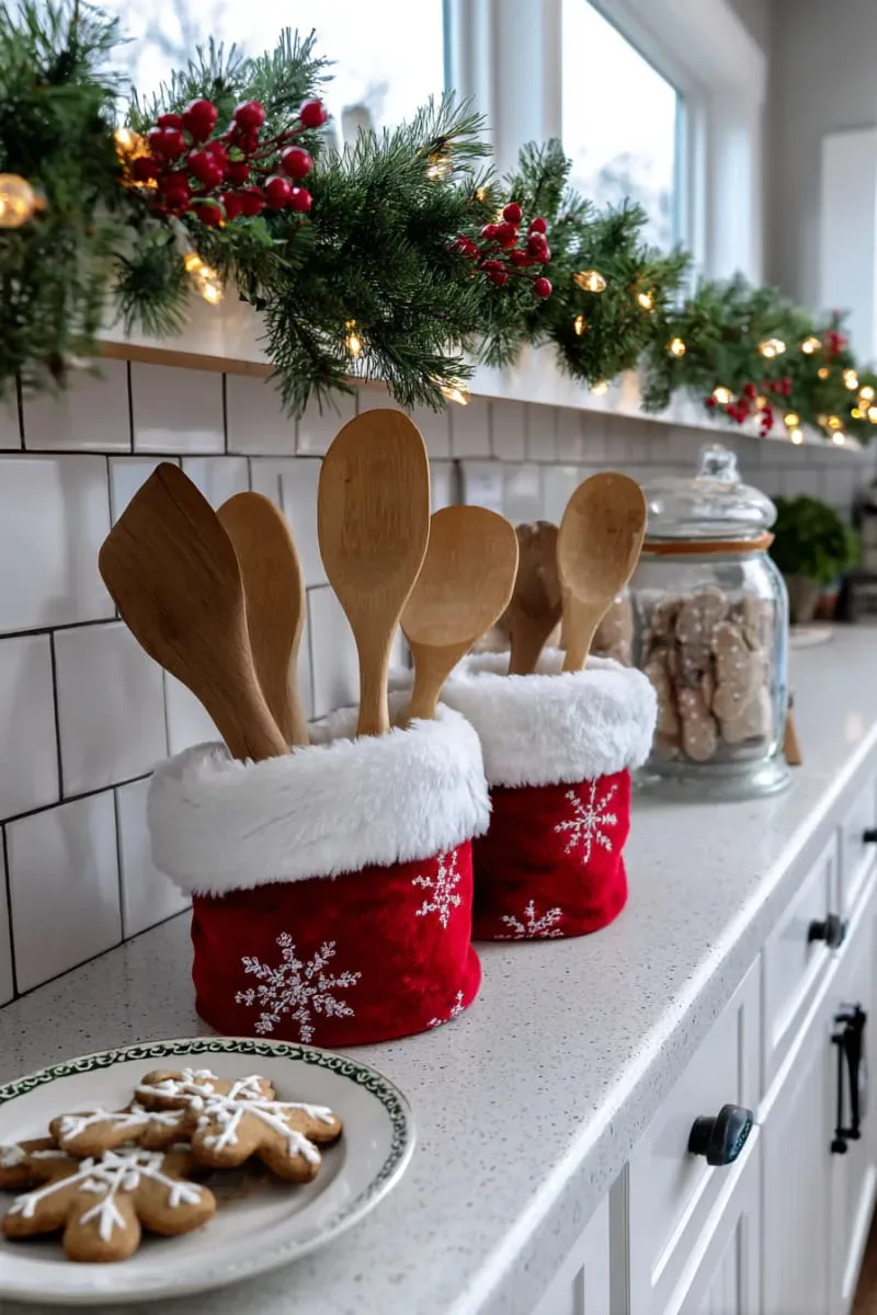 29 Creative Christmas Kitchen Decor Ideas You'll Absolutely Love 71 christmas-themed utensil holders shaped like santa hats 1