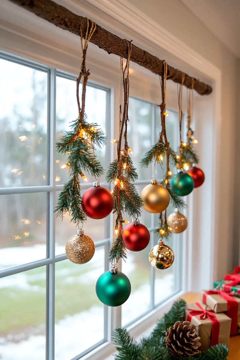 25 Best Christmas Window Decor Ideas to Try This Year 31 christmas tree branches with mini ornaments arranged vertically along the glass. 1