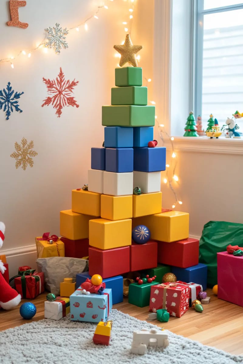23 Kids Christmas Tree Ideas Full of Color, Whimsy, and Holiday Cheer 27 christmas tree constructed from stacked colorful toy blocks or legos 1