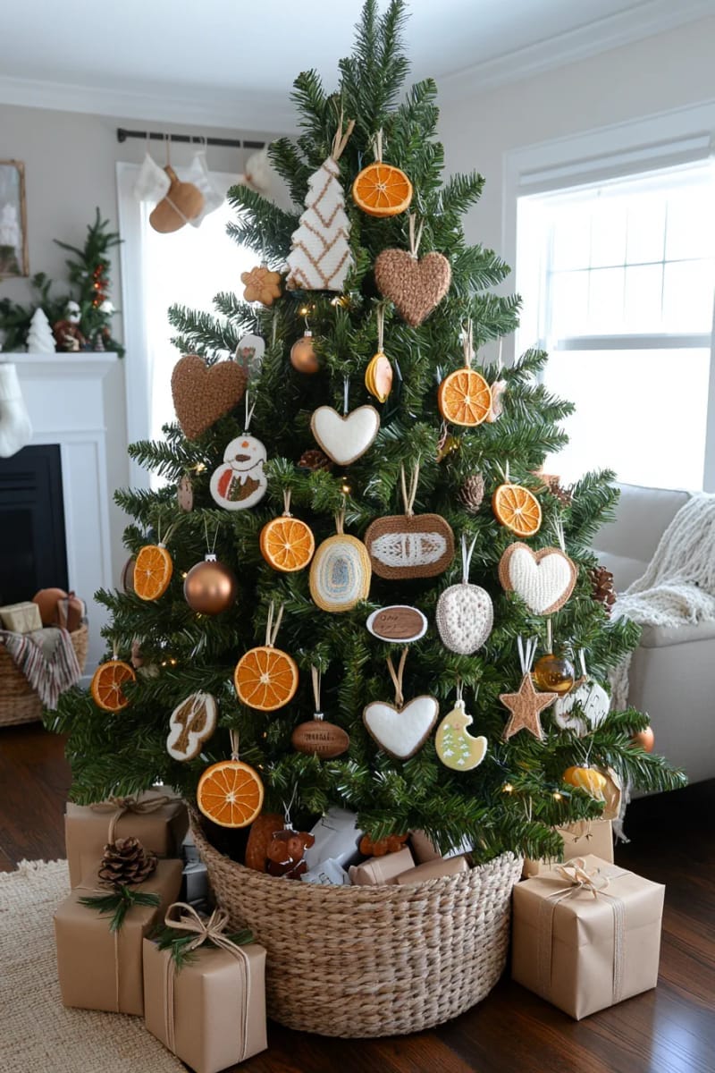 christmas tree decorated with handmade ornaments and dried orange garlands 1