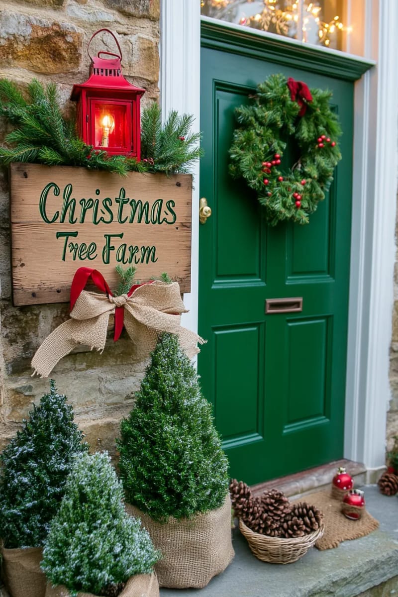 29 Festive Christmas Door Decor Ideas for a Magical Entry 51 christmas tree farm sign with mini evergreen trees and burlap details 1