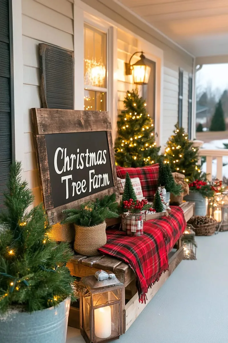 christmas tree farm sign with mini evergreen trees and burlap details 1