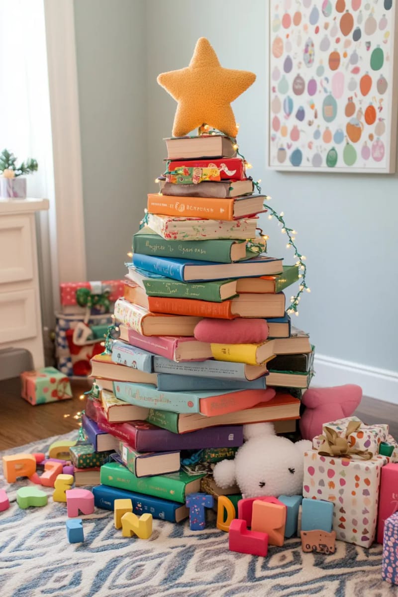 23 Kids Christmas Tree Ideas Full of Color, Whimsy, and Holiday Cheer 20 christmas tree made entirely from stacked books, topped with a plush star 1