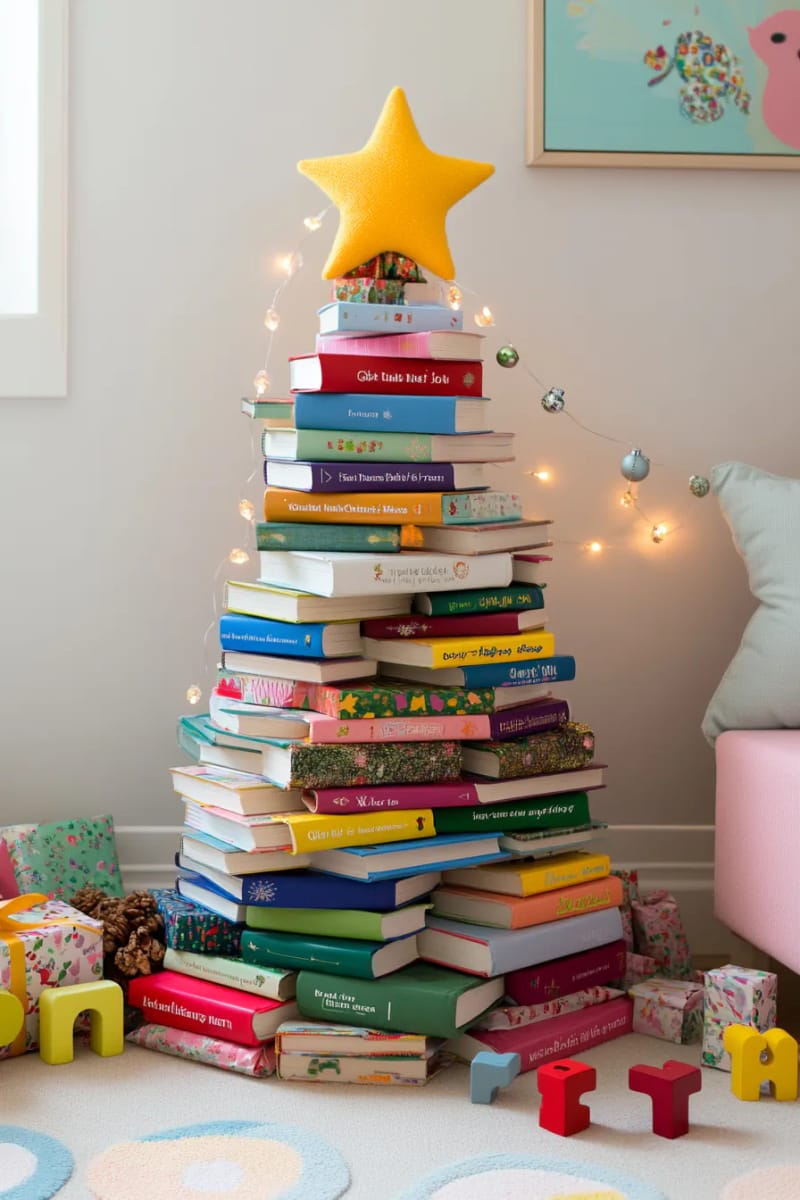 23 Kids Christmas Tree Ideas Full of Color, Whimsy, and Holiday Cheer 21 christmas tree made entirely from stacked books, topped with a plush star 1