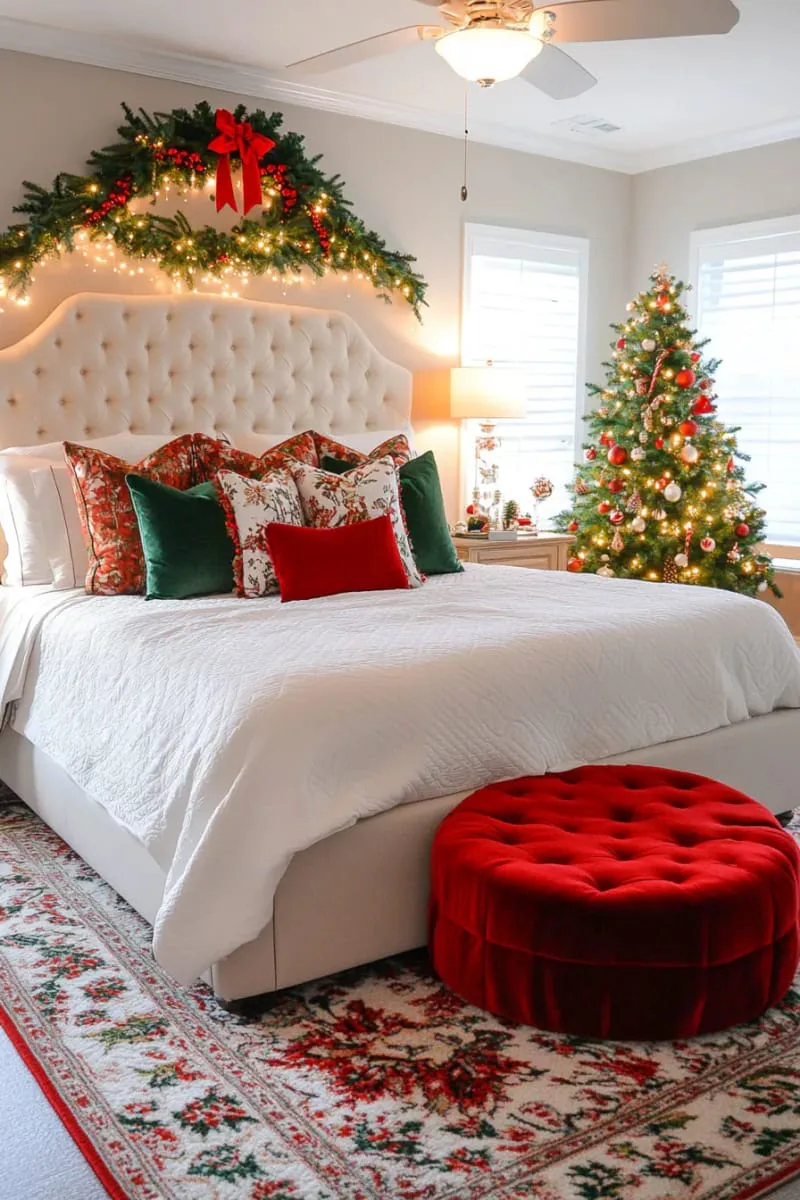christmas tree skirt used as a cozy round rug at the foot of the bed 1