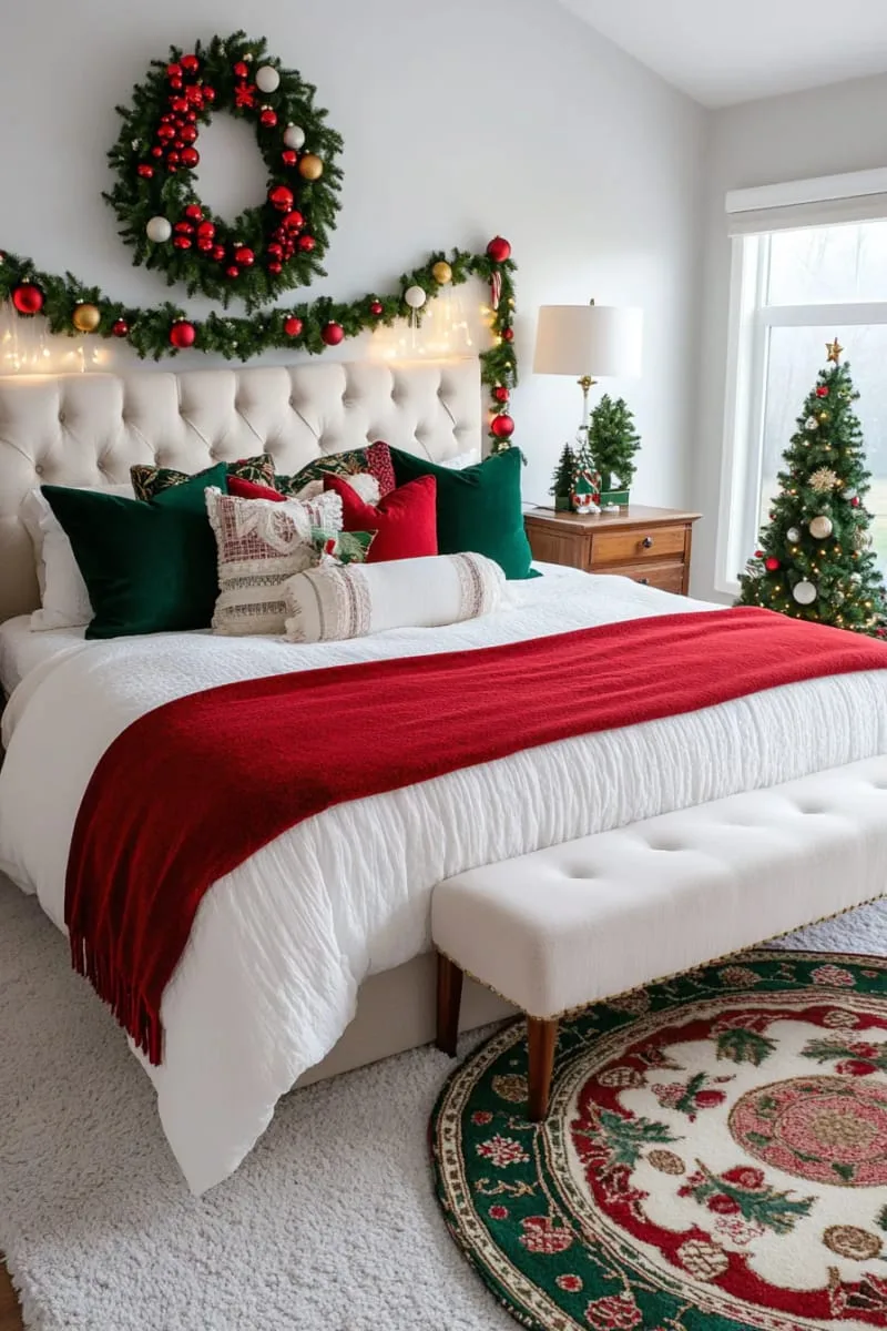 christmas tree skirt used as a cozy round rug at the foot of the bed 1