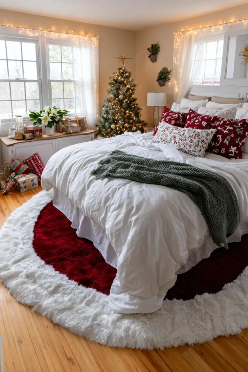 christmas tree skirt used as a cozy round rug at the foot of the bed 1