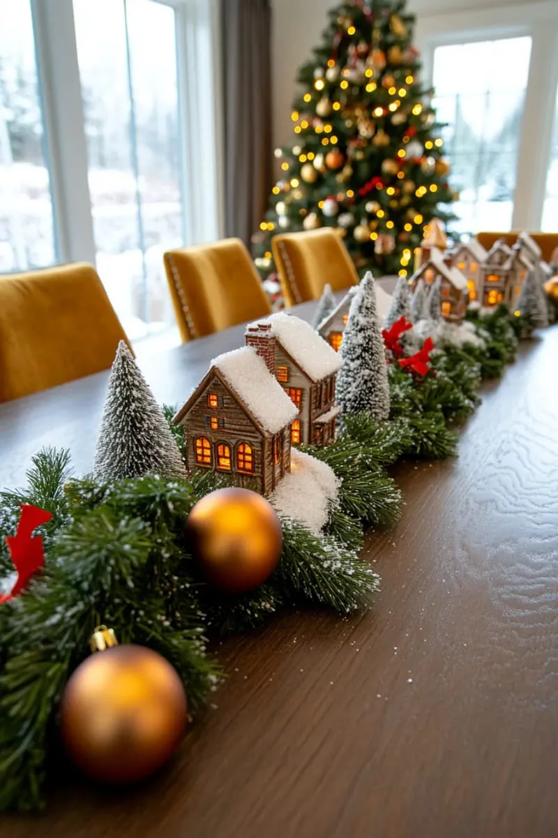 29 Elegant Christmas Party Decor Ideas to Copy This Year 78 christmas village centerpiece with twinkling houses and tiny snowy trees 1