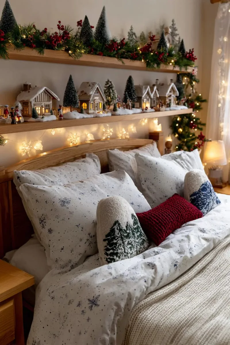 christmas village figurines displayed on a floating shelf 1