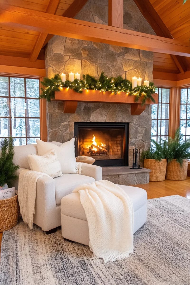 chunky knit blankets draped on armchairs beside glowing fireplaces and twinkle lights 1