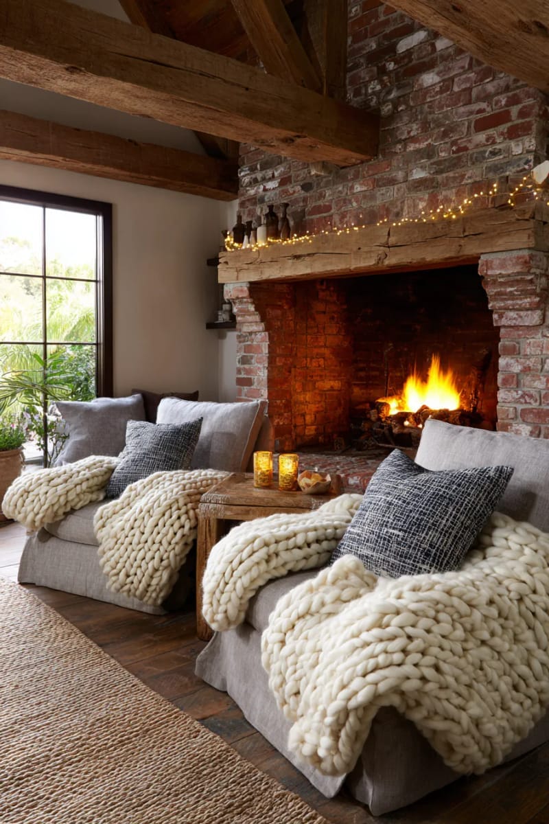chunky knit blankets draped on armchairs beside glowing fireplaces and twinkle lights 1