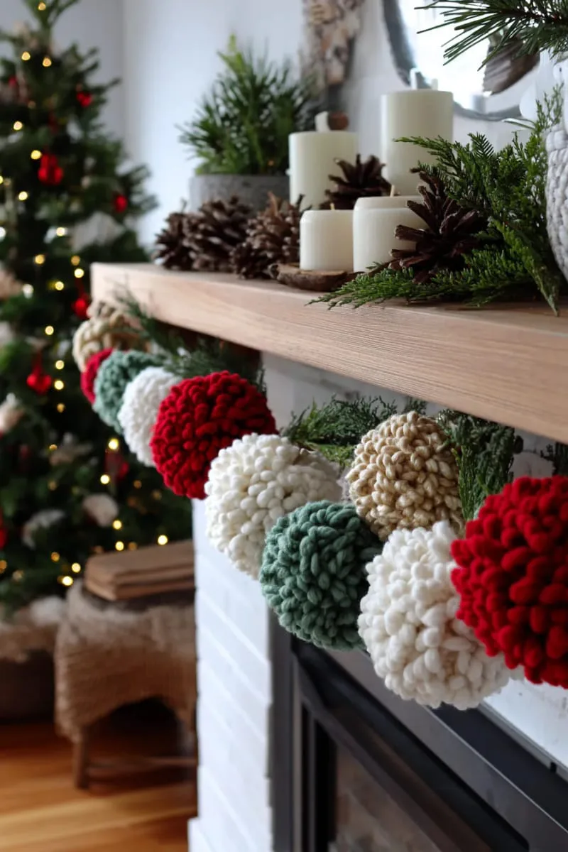 chunky yarn pom-pom garland for the mantel or tree 1