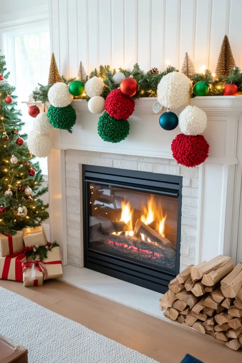 chunky yarn pom-pom garland for the mantel or tree 1