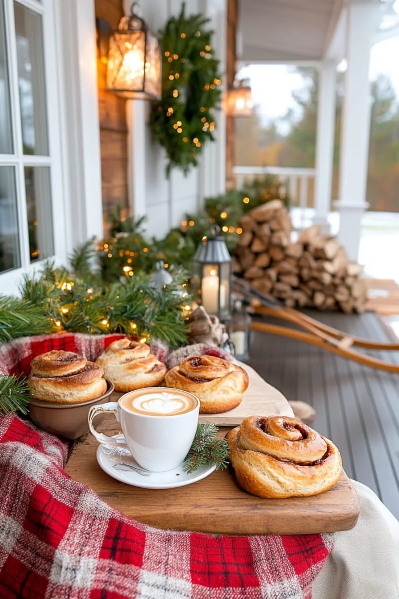 cinnamon rolls and frothy coffee on a tartan blanket by twinkling lights 1