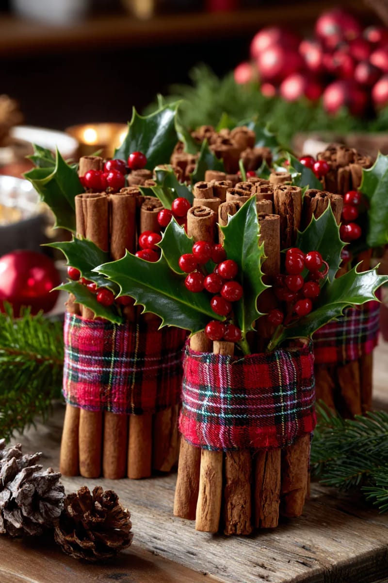 cinnamon stick bundles wrapped in plaid fabric and holly sprigs 1