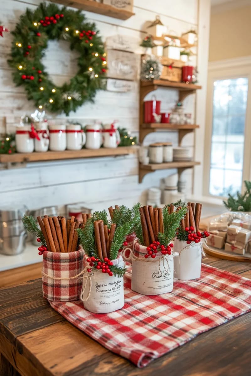 cinnamon stick bundles wrapped in plaid fabric and holly sprigs 1