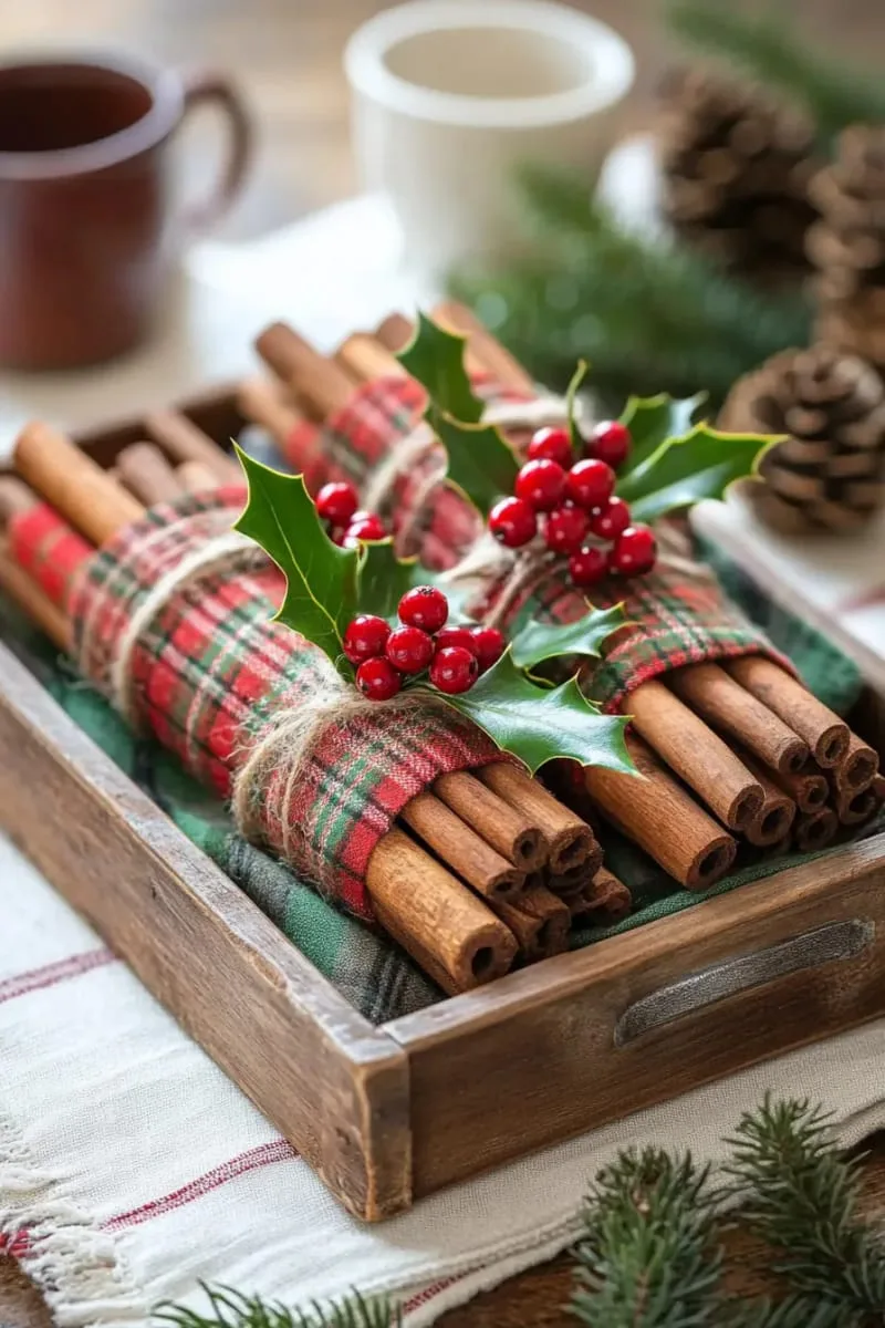 cinnamon stick bundles wrapped in plaid fabric and holly sprigs 1