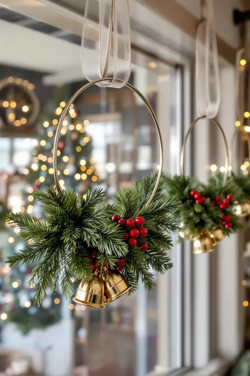 circular “floating” hoop wreaths with pine, berries, and metallic bells 1