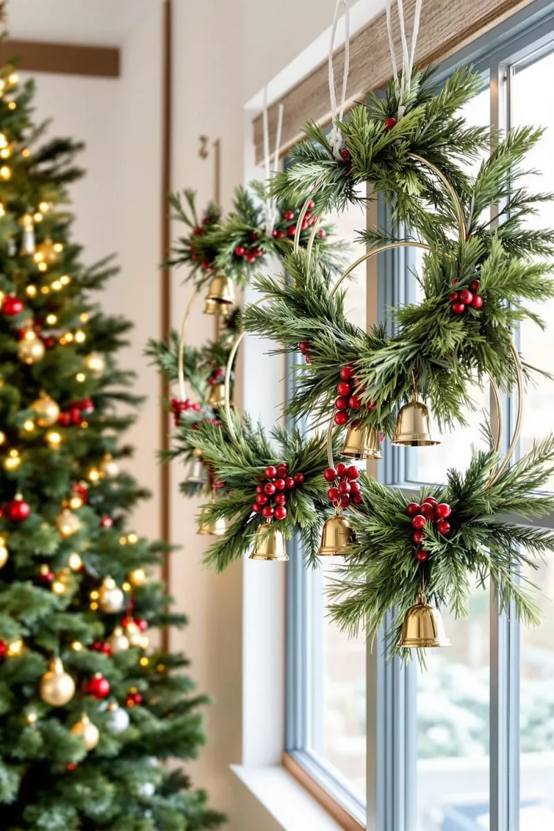 circular “floating” hoop wreaths with pine, berries, and metallic bells 1