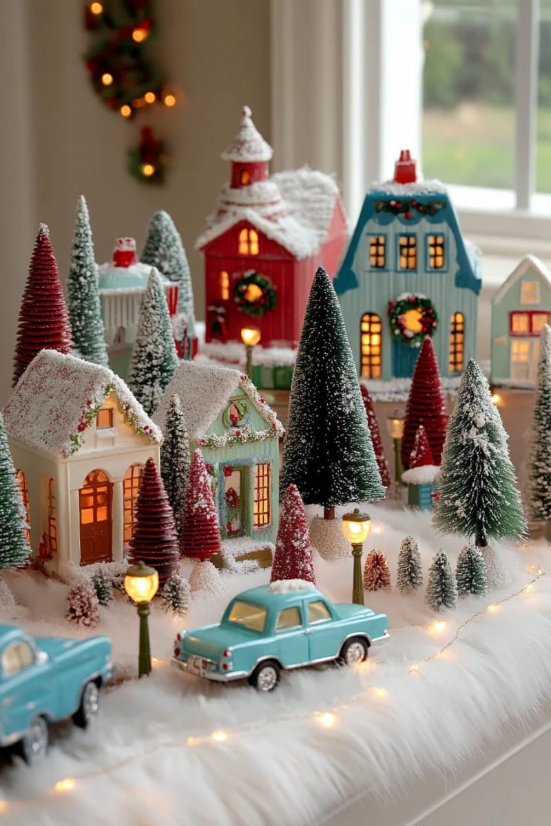 23 Kitsch Christmas Decor Ideas Full of Color, Whimsy, and Cheer 28 classic ceramic christmas village surrounded by rainbow bottle brush trees 1