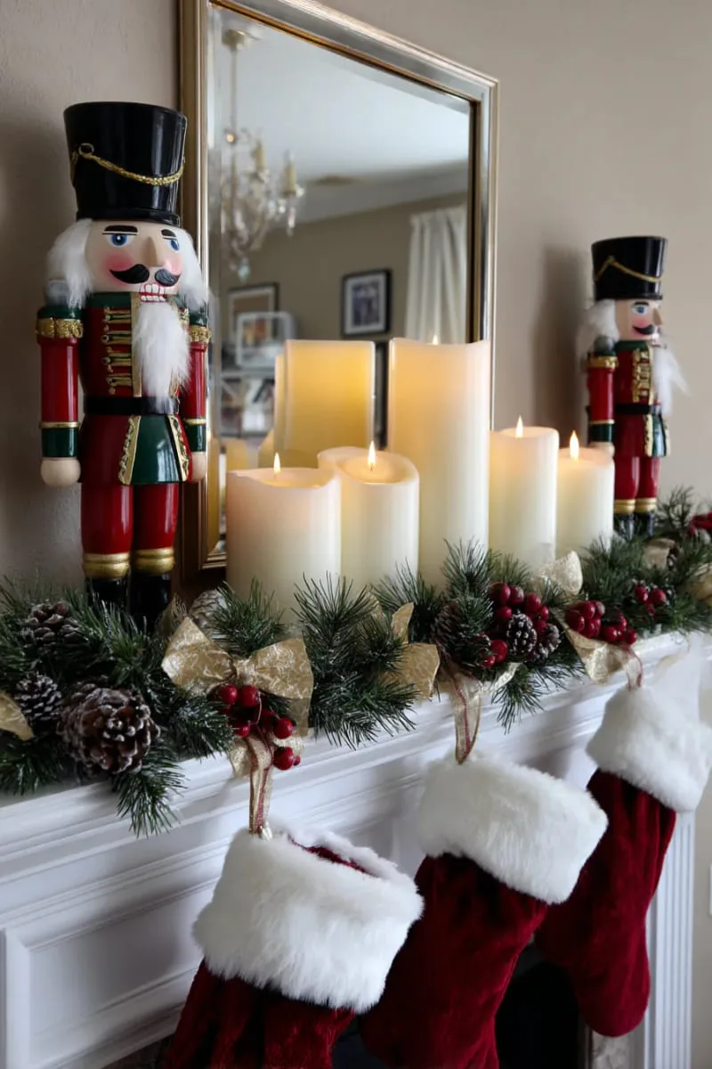 classic christmas decor with nutcracker soldiers and pillar candles 1