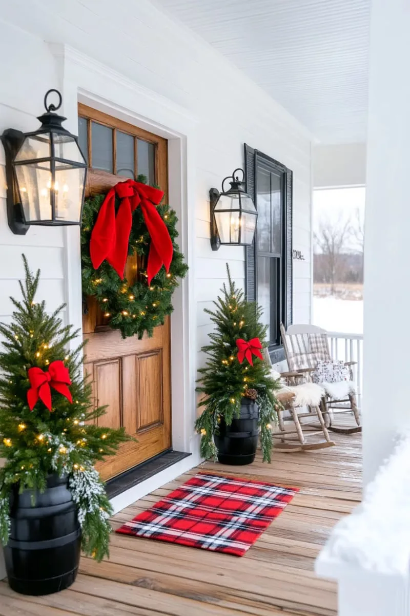 23 Exterior Christmas Decor Ideas Guests Will Remember All Season Long 19 classic colonial entry flanked by symmetrical potted evergreens and a plaid doormat 1