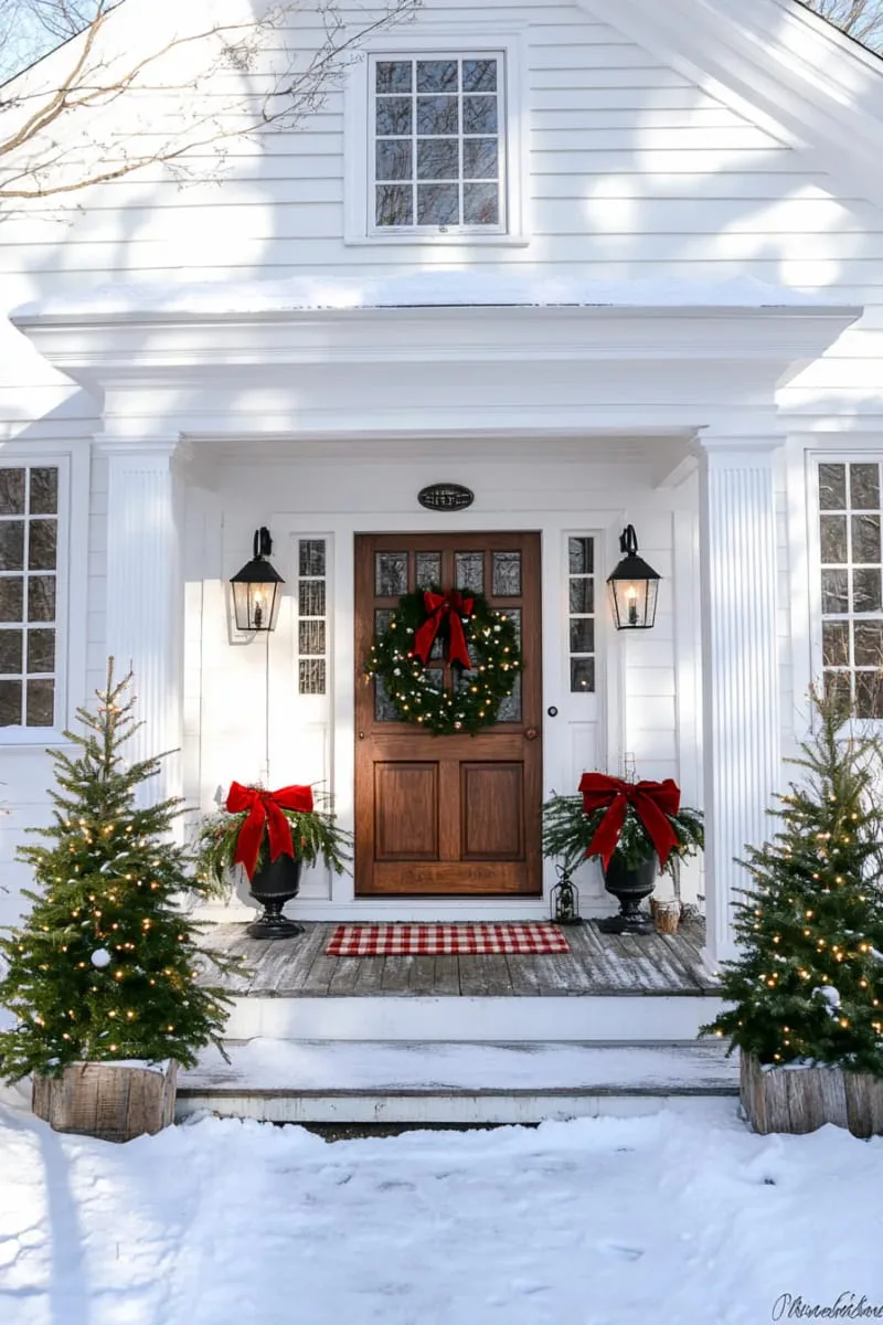 23 Exterior Christmas Decor Ideas Guests Will Remember All Season Long 14 classic colonial entry flanked by symmetrical potted evergreens and a plaid doormat 1