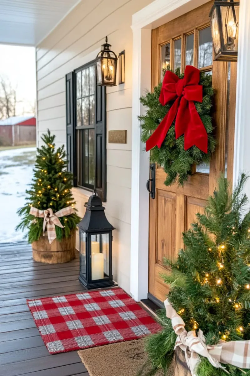 23 Exterior Christmas Decor Ideas Guests Will Remember All Season Long 15 classic colonial entry flanked by symmetrical potted evergreens and a plaid doormat 1