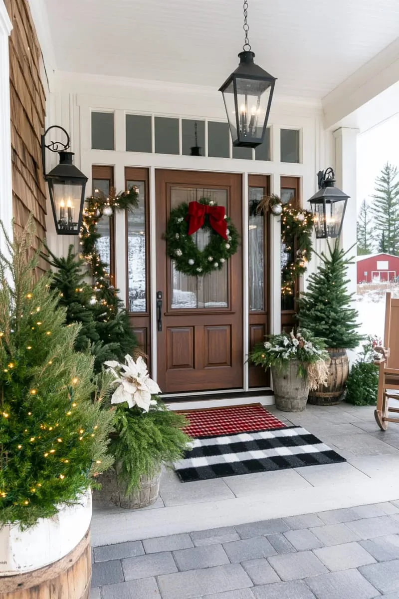 23 Exterior Christmas Decor Ideas Guests Will Remember All Season Long 16 classic colonial entry flanked by symmetrical potted evergreens and a plaid doormat 1