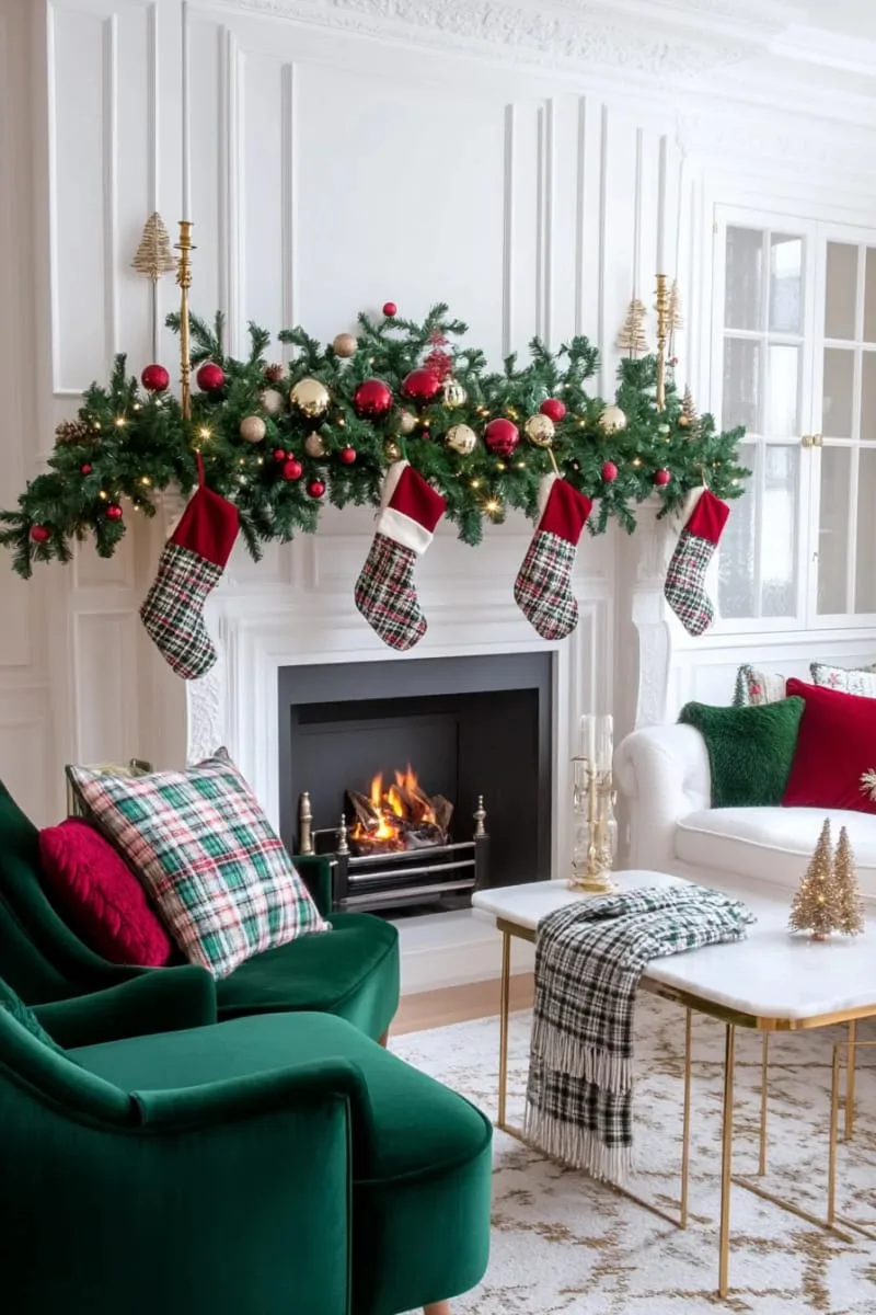 classic fireplace mantel with lush garlands and dangling red ornaments 1