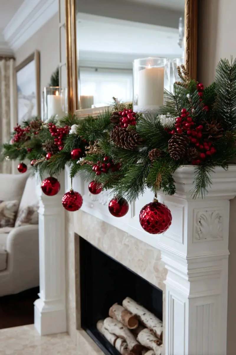 classic fireplace mantel with lush garlands and dangling red ornaments 1