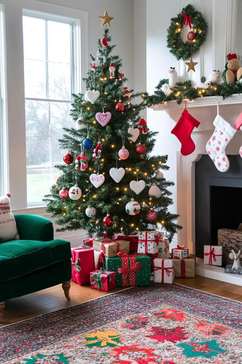 23 Kids Christmas Tree Ideas Full of Color, Whimsy, and Holiday Cheer 36 classic green tree covered in homemade salt dough ornaments, painted by kids 1