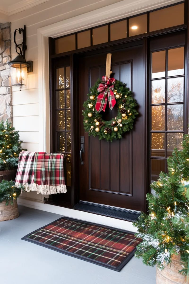 27 Beautiful Christmas Front Door Decor Ideas to Inspire 8 classic green wreath adorned with gold bells and plaid ribbon 1