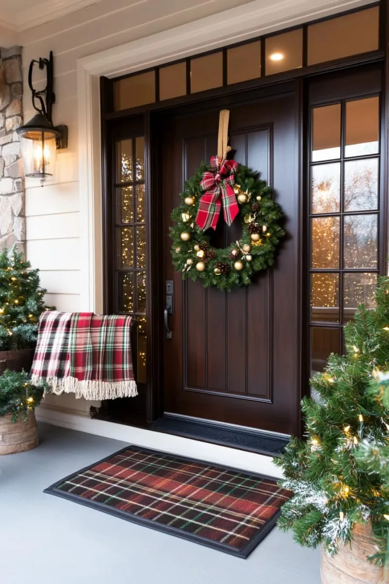 classic green wreath adorned with gold bells and plaid ribbon 1